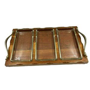 Vintage Carved Wood Serving Tray 3 Sections Glass Inserts USA MCM with Handles